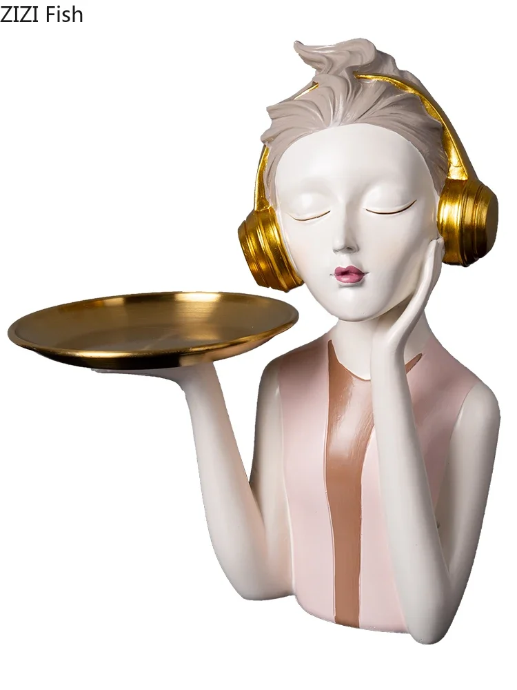 Creative Headphones Music Girl Resin Sculpture Crafts TV Cabinet Desktop Decoration Fun Figure Figurines Modern Home Decoration