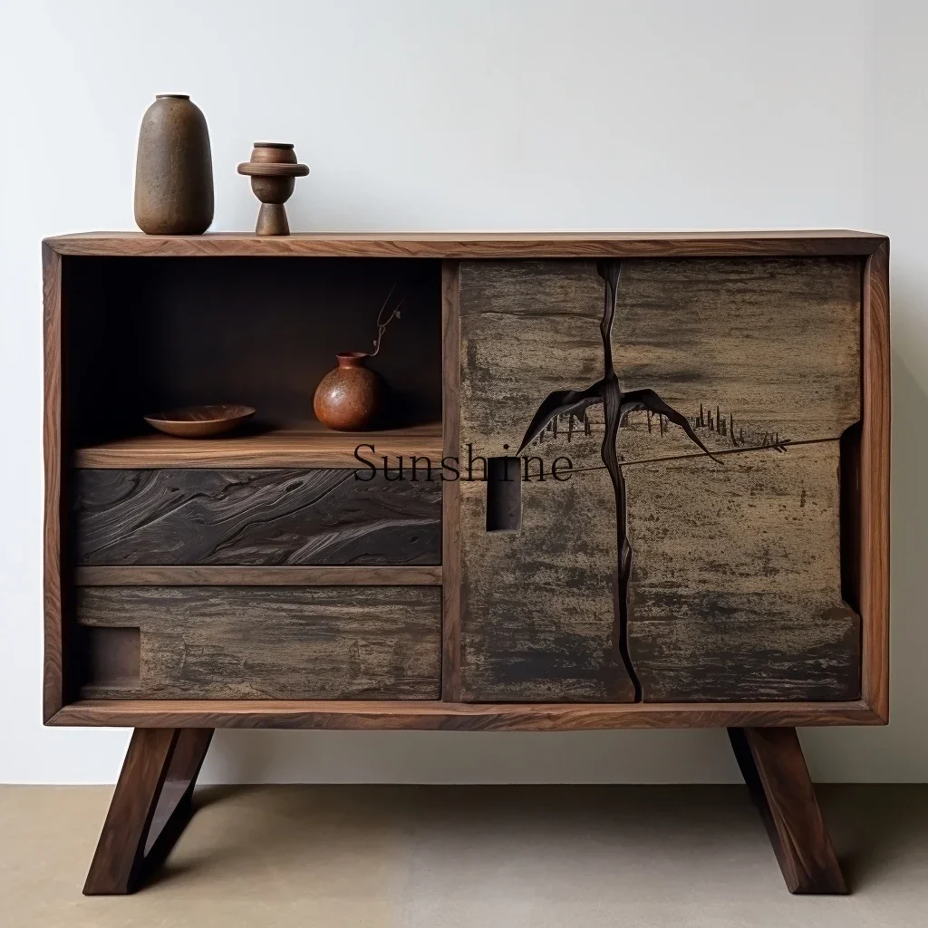 Wabi Sand Wind All Solid Wood Storage Side Cabinet Living Room B & B Meal Side Storage Weathered Wood Medieval Furniture  FT