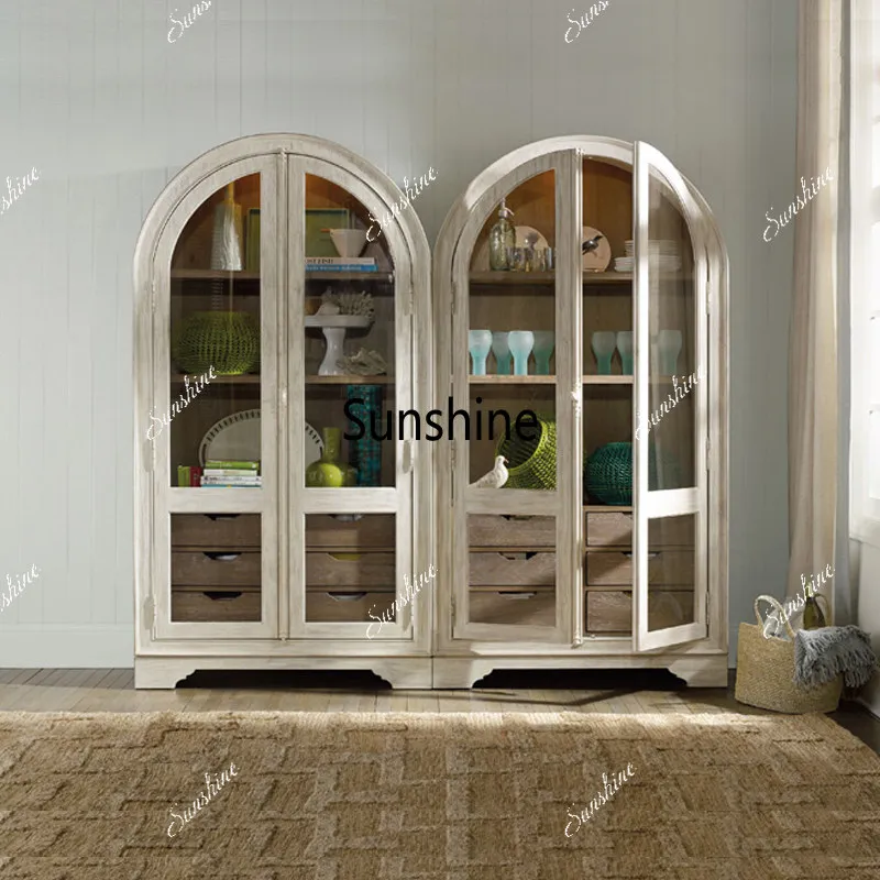 

American-style country-style solid wood bookcase, arched vintage vintage display cabinet
