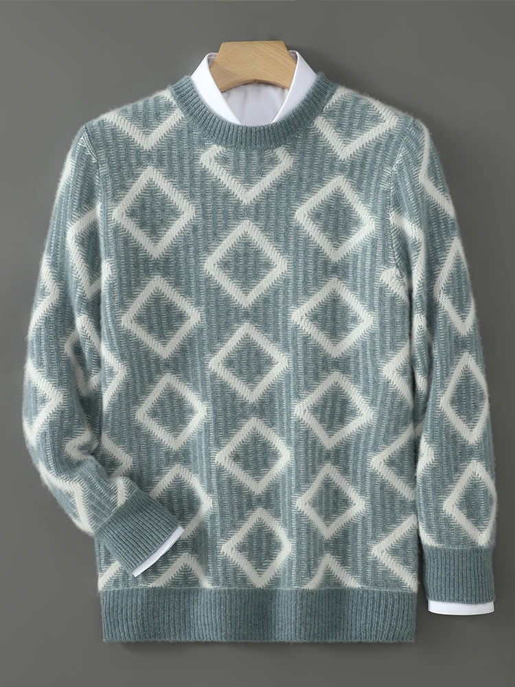 Men New 100% Merino Wool Pullover O-neck Knit Sweater Diamond Patterned Jacquard Cashmere Autumn Winter Leisure Clothing Top