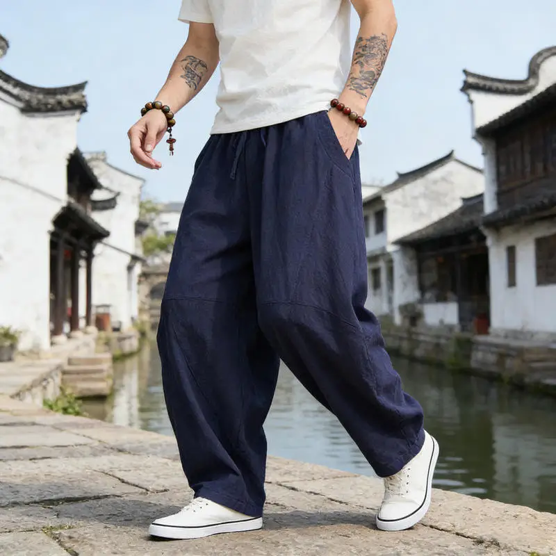 Calças Largas de Algodão e Linho Estilo Lanterna para Yoga, Tai Chi, Casual, Vintage, Zen, Masculinas e Femininas, Novo Estil...