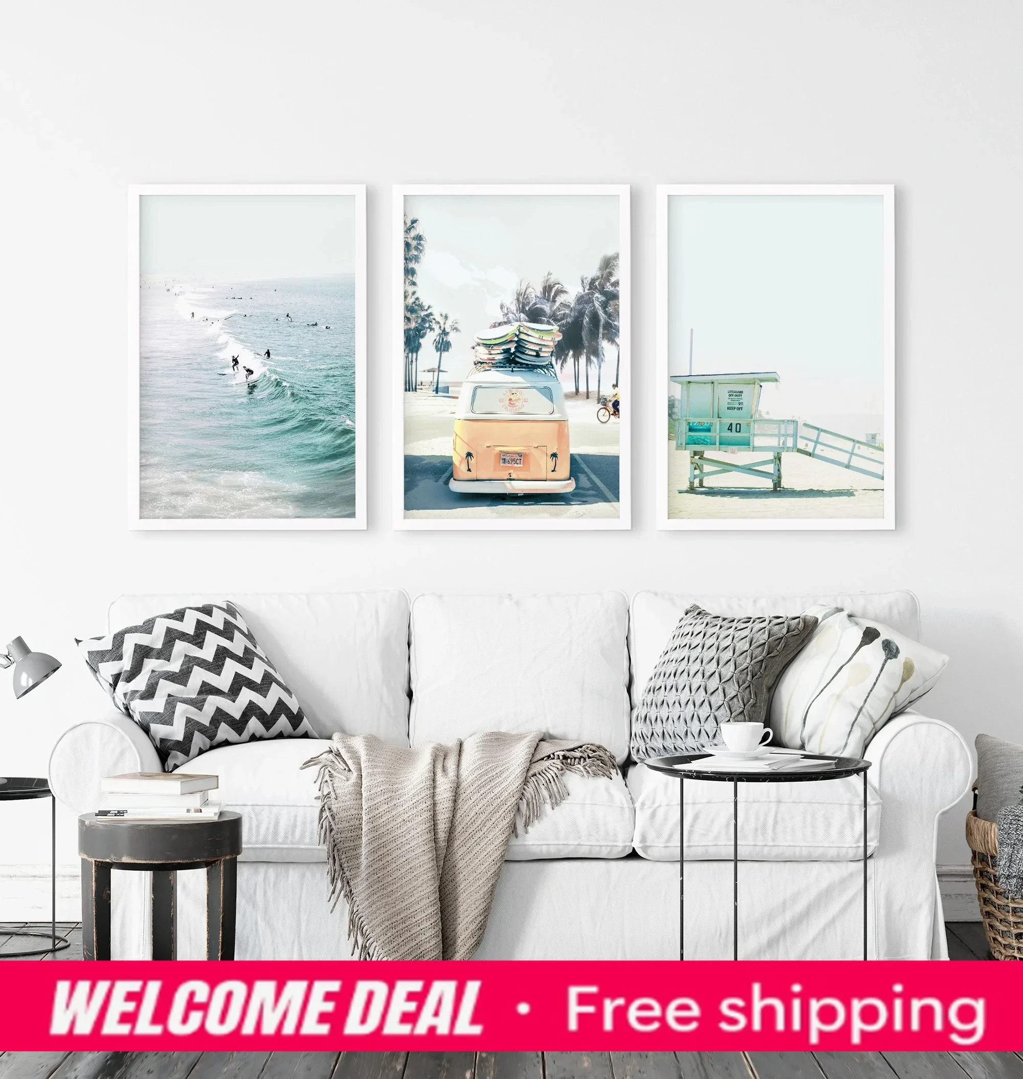 3 Pieces Coastal Beach Canvas Wall Art Surf Retro Van Lifeguard Tower Photo Print For Living Room Decor