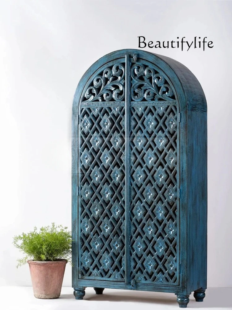 Hollow Carved Solid Wood Wardrobe French Retro Porch Locker Double-Door Southeast Asian Style B & B