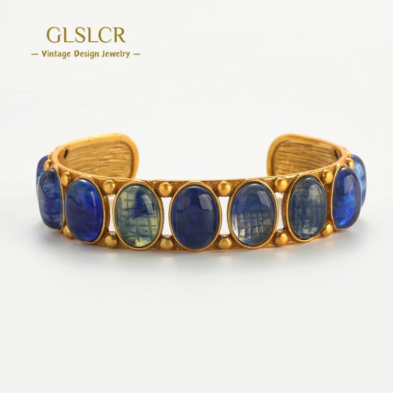 

Vintage Jewelry Blue Stone Bangles For Women Gradient Cat Eye Natural Cuff Bracelet Luxury Jewelry Designer Retro 2025 Trend