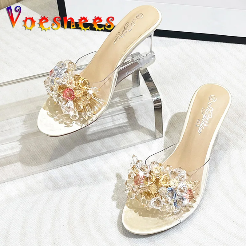 Woman Shoe 8CM Summer Wedge Sandals 2022 Design Color Bead Flower Transparent Heels Women Crystal String Rhinesto Bead Slippers