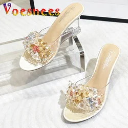 Woman Shoe 8CM Summer Wedge Sandals 2022 Design Color Bead Flower Transparent Heels Women Crystal  String Rhinesto Bead Slippers