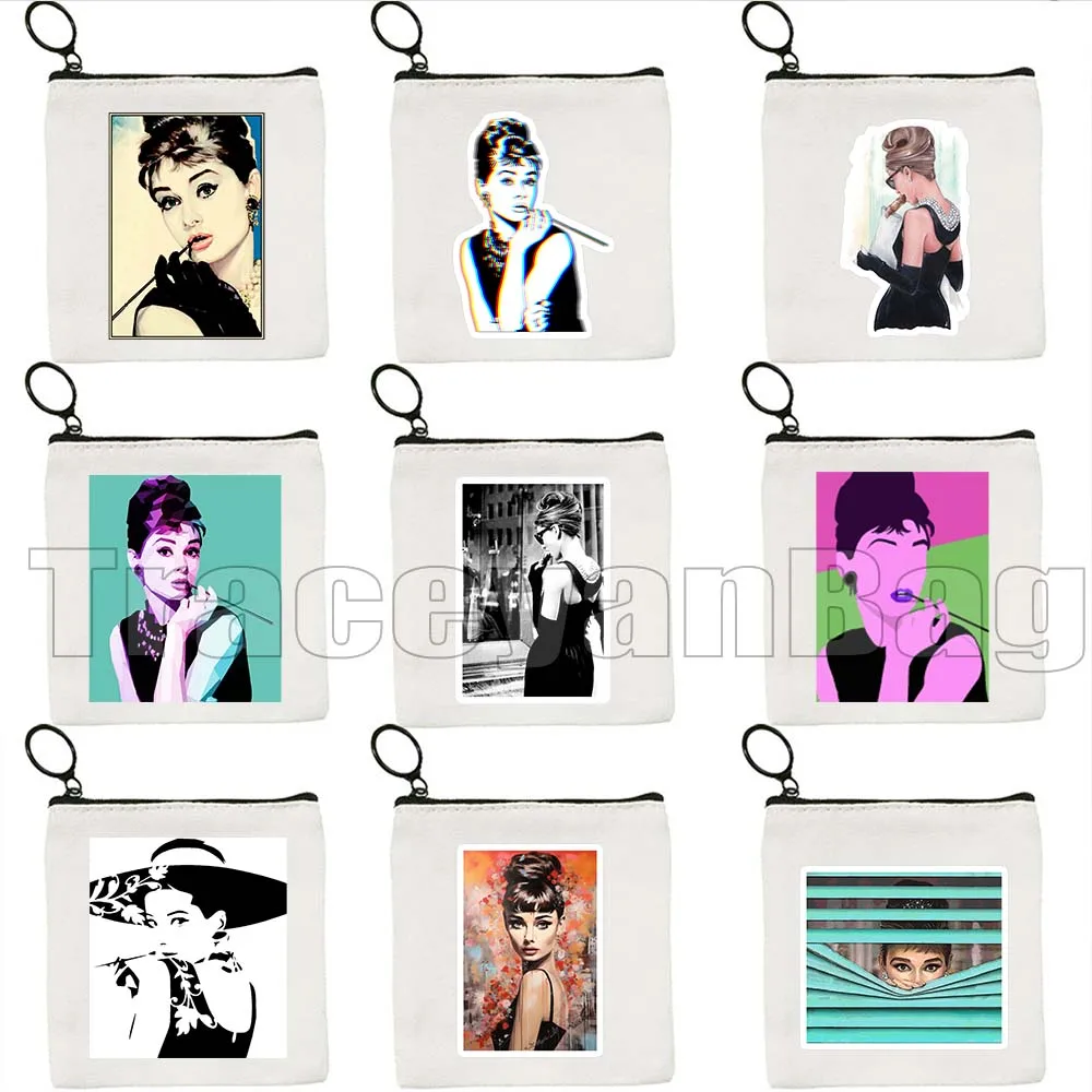 

Retro AUDREY HEPBURN Vintage 1974 Breakfast Print Fan Cute Gift Canvas Coin Purse Small Square Key Storage Card Bag Wallet Pouch
