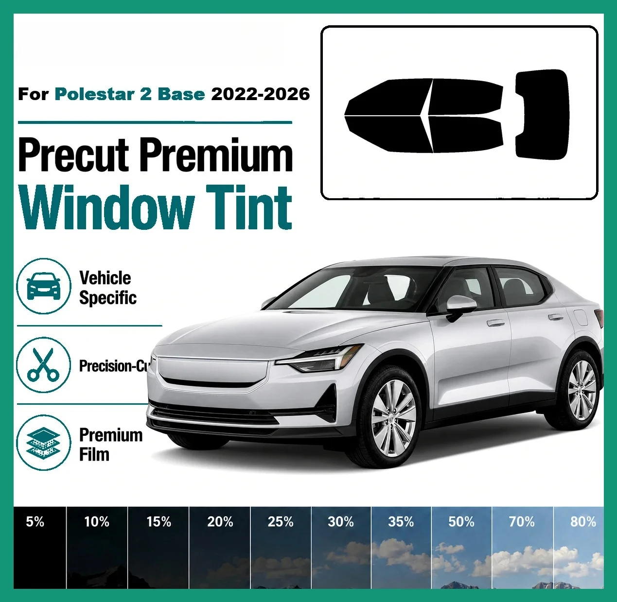 Premium Precut Window Tint for Polestar 2 Base 2022‑2026 Front Rear Windows UV Heat Rejection Anti‑Scratch Privacy Film