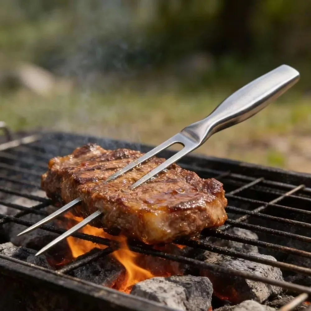 

Stainless Steel BBQ Grill Fork Heat Resistant Thickened Handle Meat Cooking Fork Extended Length 2-Fork BBQ Utensils