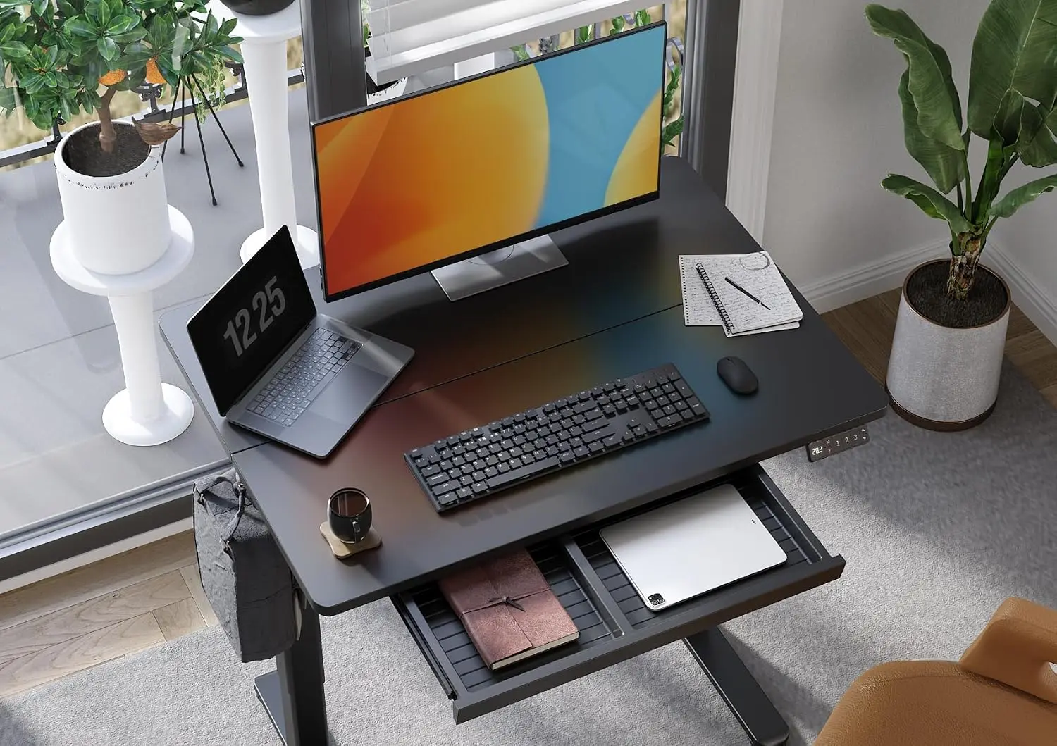 Electric Standing Desk 40 Inch Black Sturdy Steel Frame Supports 176 Lbs Height Range 28.35 To 46.46 Inch Quiet Motor Built In W