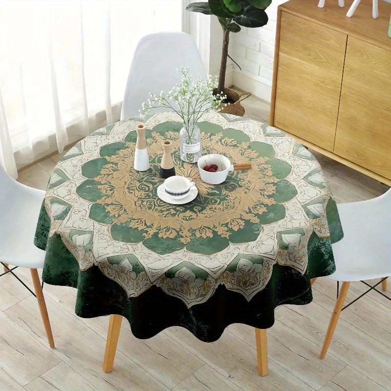 One vintage Bohemian-style round tablecloth, green floral desktop decoration polyester fiber tablecloth