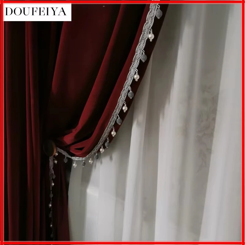 

Curtains for Living Dining Room Bedroom Wine Red Soft Australian Wool Wool American Vintage Light Luxury