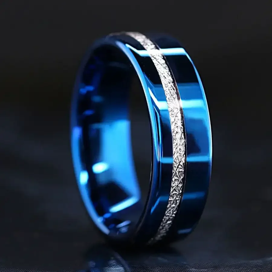 Fashion 8mm Blue Stainless Steel Ring For Men Vintage Silver Color Meteorites Inlaid Promise Ring Men Wedding Band Jewelry Gift