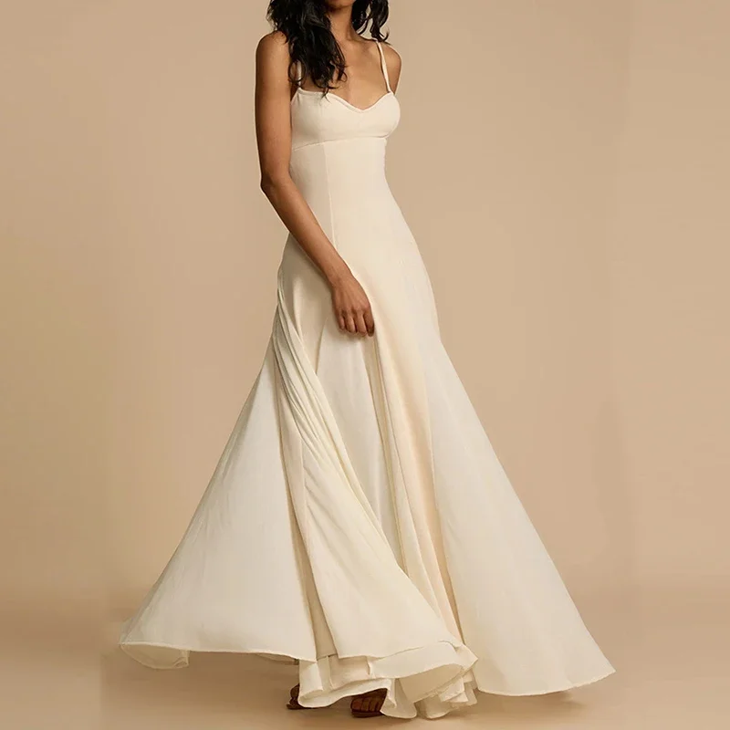 Women's Casual Vacation Pleated Long Dress Fashion Solid Color Boho Slim Dress Summer New Suspender Sleeveless Big Swing Dresses