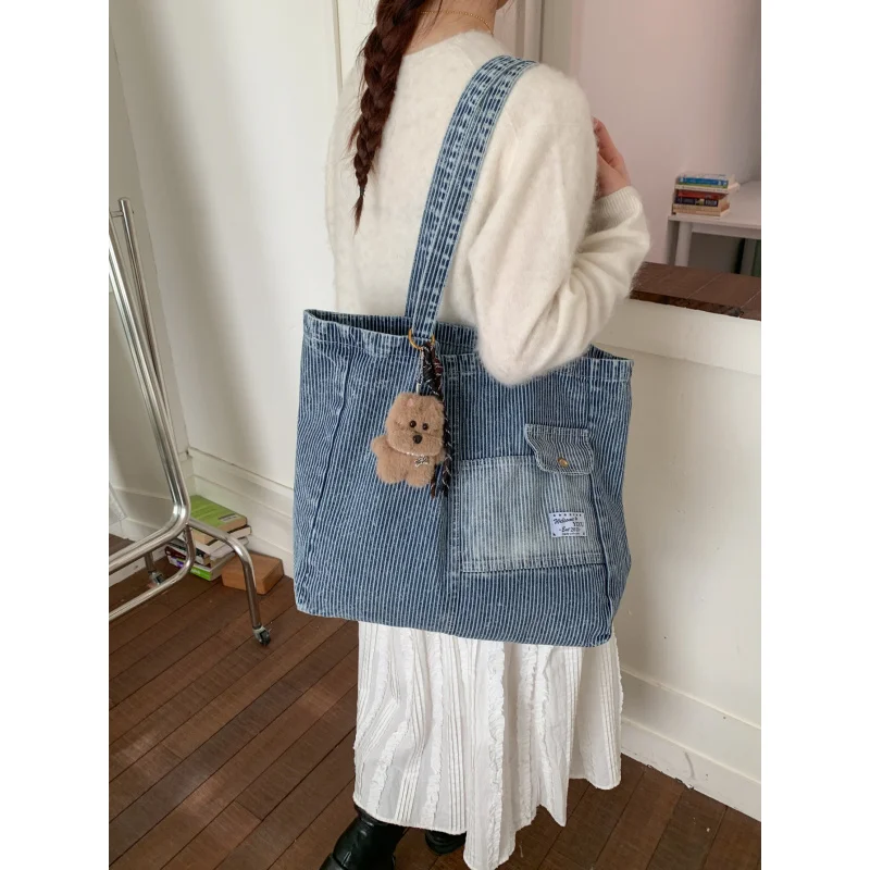 

Korean-style casual striped denim canvas bag for women, new lazy style large-capacity shoulder bag, student shoulder tote bag