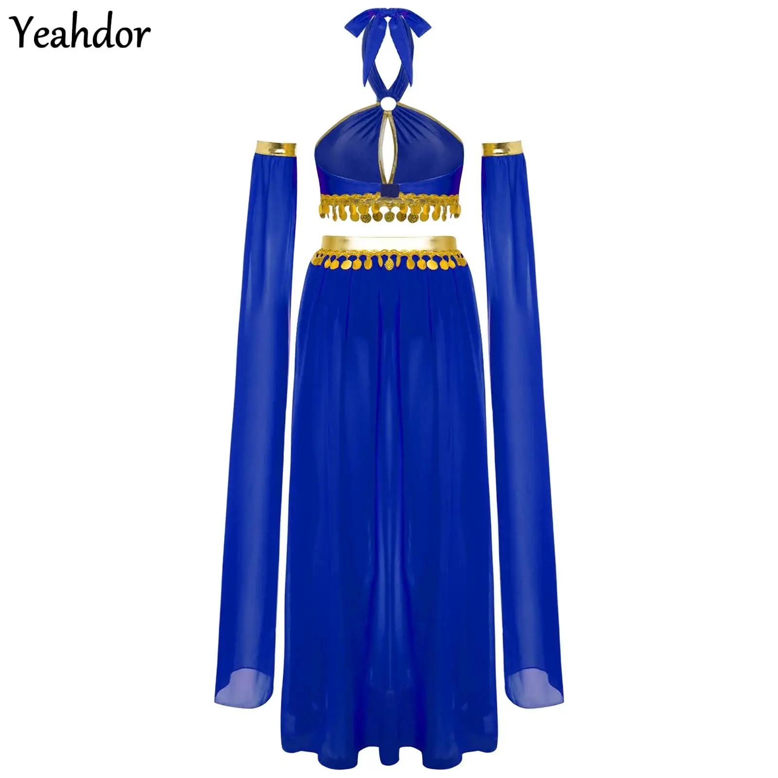 Top corto con cuello Halter egipcio de la antigua Roma para mujer, falda de gasa dividida, mangas, conjunto de danza del vientre, disfraz de Cosplay de Cleopatra para Halloween