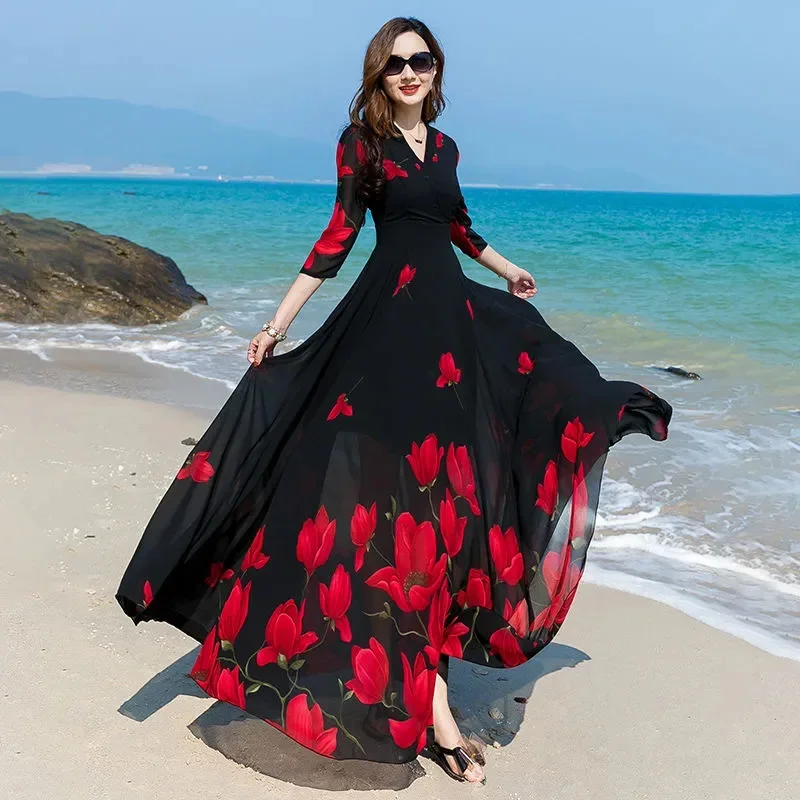 

2024 Summer New Sexy Korean Version V-Neck Printed Chiffon Dress Women Waist-Length Temperament Big Swing Thin Beach Long Skirt