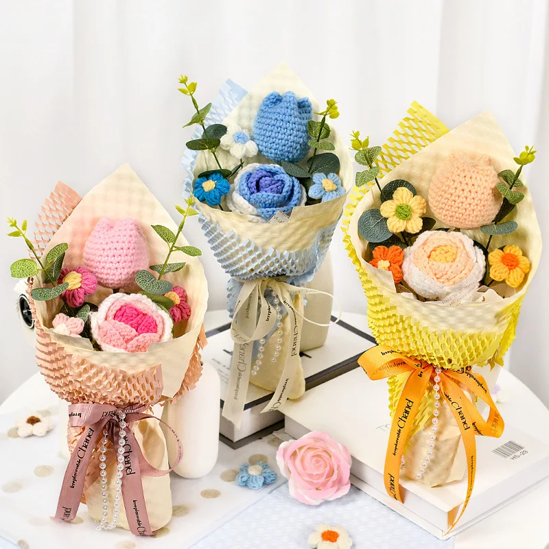 

Artificial Flower Handmade Knitted Bouquet Tulip Rose Knitted Yarn Simulation Flower Birthday Gift Ornament Home Decor