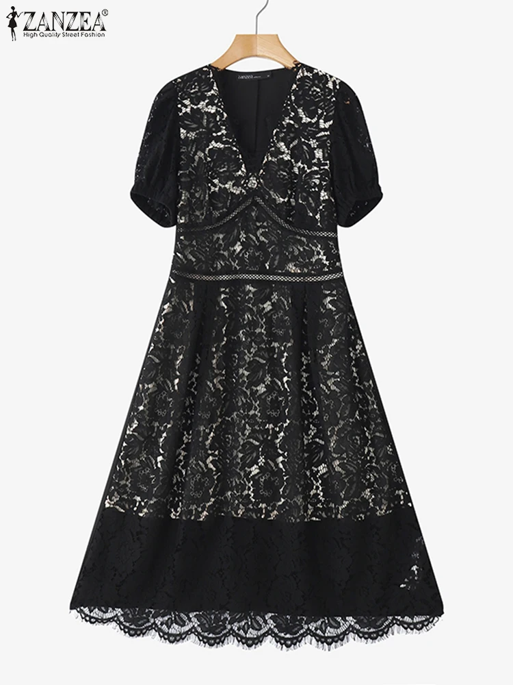 Retro French Dress Elegant Lace Sundress Deep V Neck Summer Party Vestidos ZANZEA 2025 Casual A-Line Puff Sleeve Irregular Robe