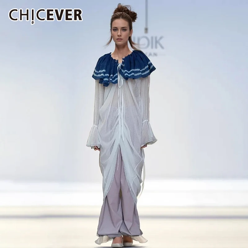 

CHICEVER colorblock Casual Blouses For Women Sailor Collar Long Sleeve Patchwork Folds Pullover Shirts Female Clothing New