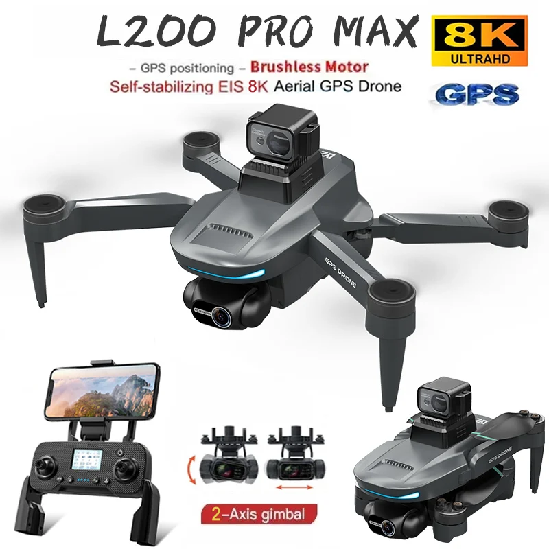 L200 pro max gps drone profissional 8k câmera 3 eixos cardan aéreo fpv sem escova evitando obstáculo dobrável quadcopter drones brinquedo