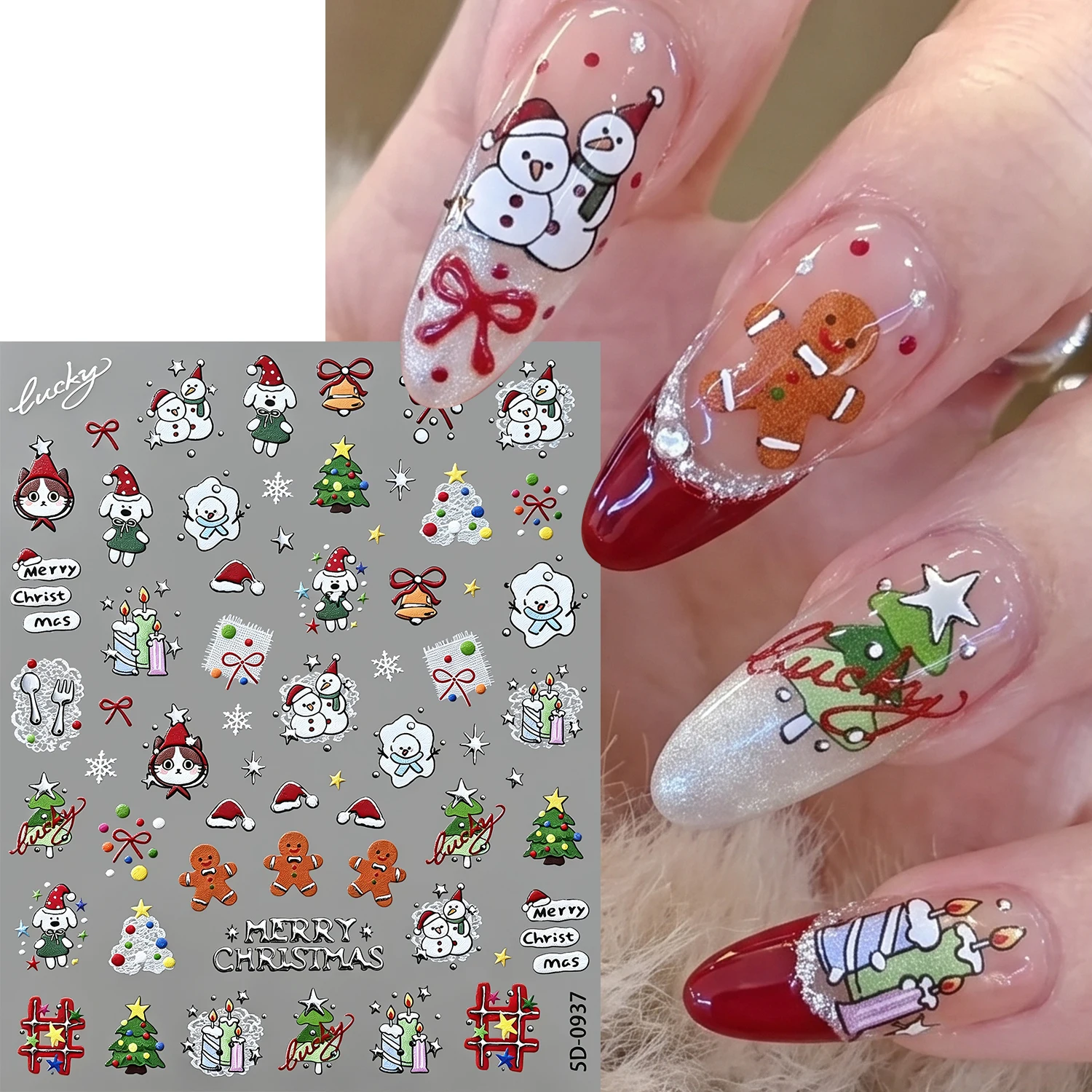 1/2Pcs 5D Silver Christmas Animal Nail Stickers Kawaii Red Apple Bear Santa Snowman Adhesive Nail Secals DIY New Year Nail Slide