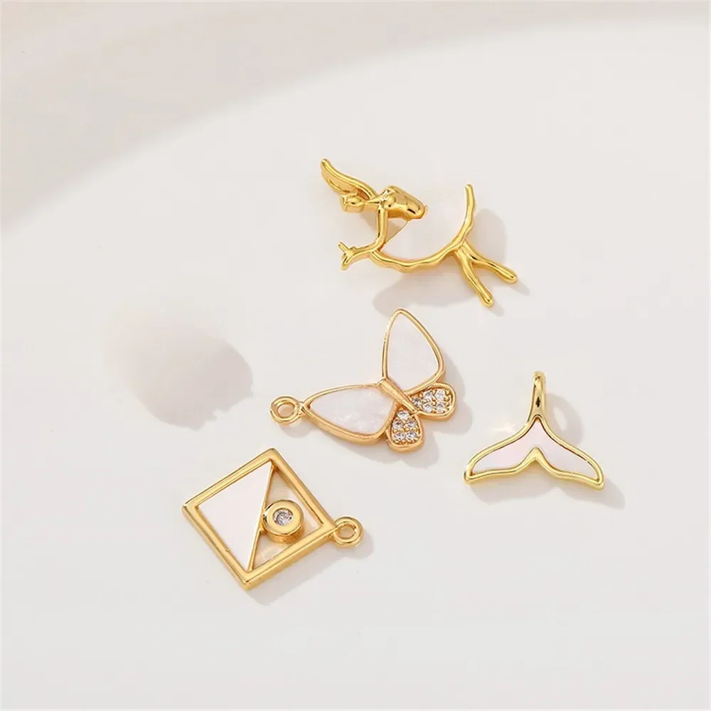 18K Gold Inlaid Zircon Natural White Shell Butterfly Fish Tail Pendant Handcrafted DIY Bracelet Necklace Collarbone Chain Pendan