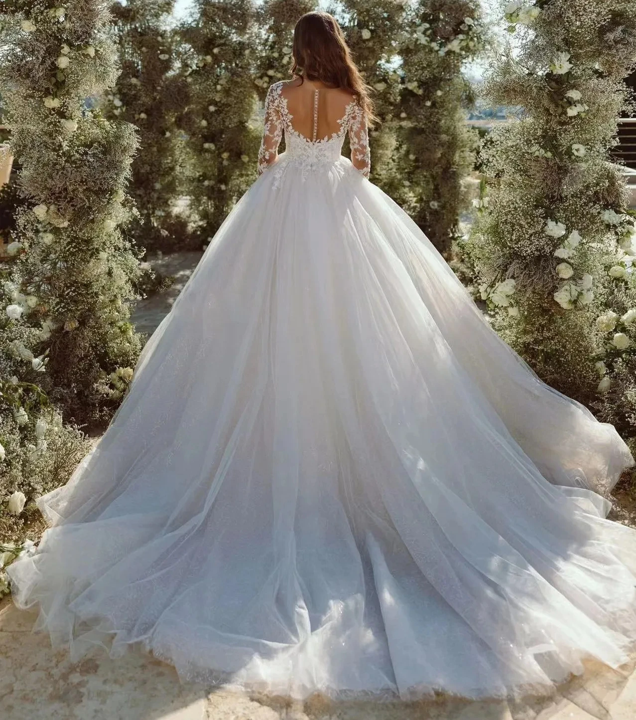 فستان زفاف جديد على شكل حرف a ورقبة وهمية وأكمام طويلة مزين بالدانتيل على شكل زهرة فساتين زفاف للنساء فساتين زفاف فيستدو دي نويفا