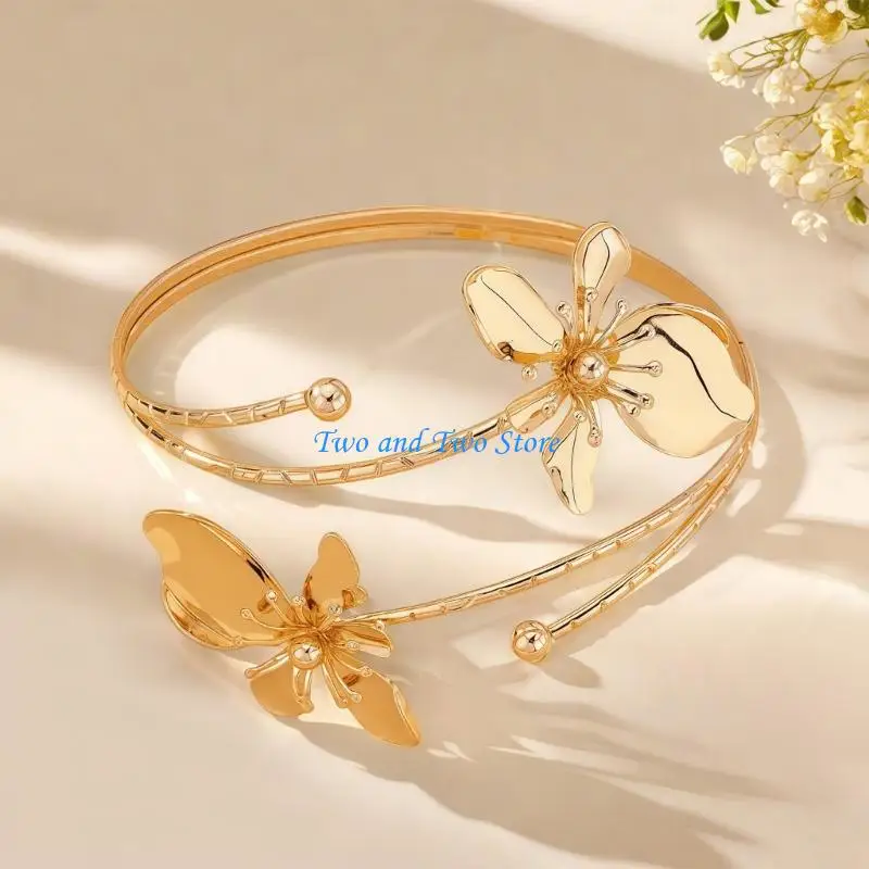 HX6F افتتاح أنيق قابل للتعديل زهرة سوار امرأة فتاة الإسورة اليد مجوهرات نسيج معدني مثالي لمحبي الموضة