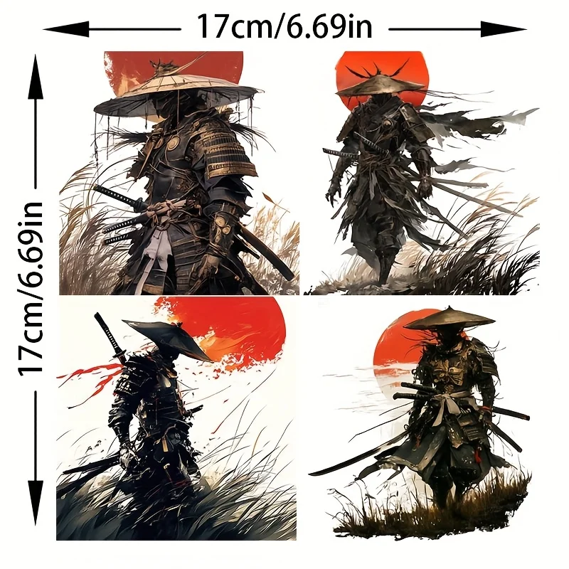 4-in-1 Samurai Warrior Vinyl Stickers, Traditional Japanese Dual Swords Design, Scratch-Resistant Decals for Cars & Motorcycles
