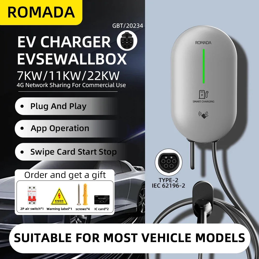 

EVSE Wallbox EV Charger Wall Type2 32A 22kw/7kw Single/Three Phase Mount Charging Station Socket RFID Bluetooth APP control