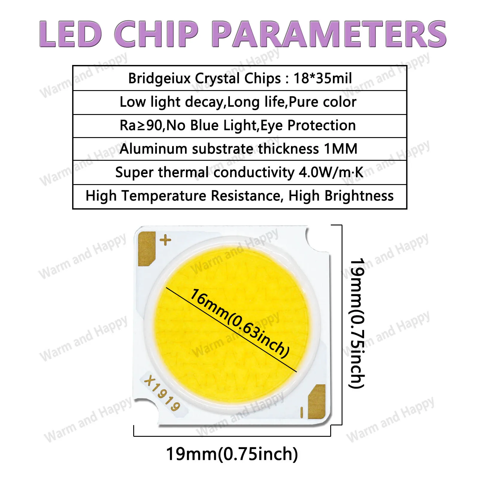 1pcs 10W 20W 30W 40W 50W Bridgelux Chip CRI=90 LED COB Light-Emitting Diode 19*19mm LED DIY LED Track Light Source Accessories