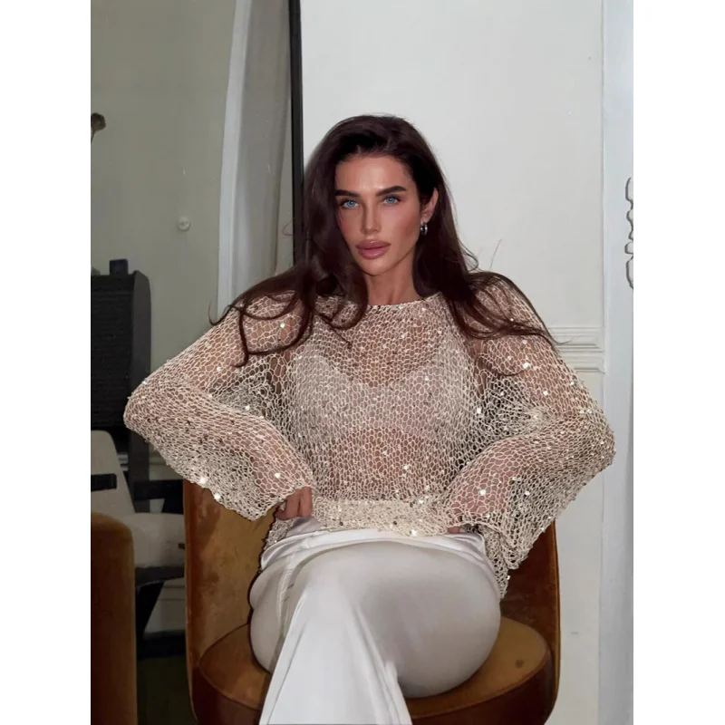 

2026 Spring Summer New Women's Solid Color Sequin Hollow Out Long Sleeve Pullover Knit Top Casual Elegant Blouse