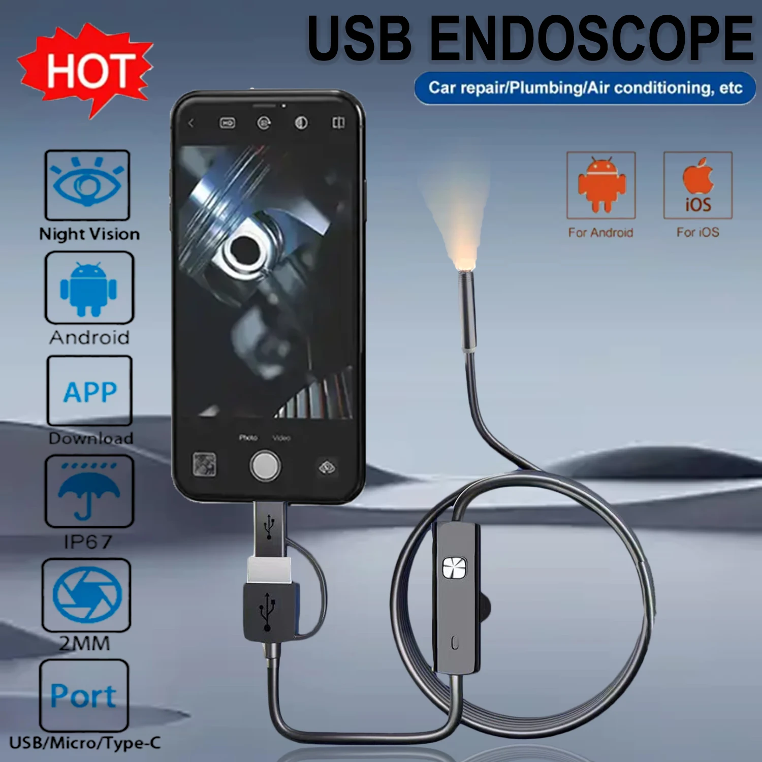 7 مللي متر مايكرو USB كاميرا المنظار IP67 مقاوم للماء كاميرا Borescope الصناعية 6 LED ضوء كاميرا قابلة للتعديل لشاومي هواوي PC #1