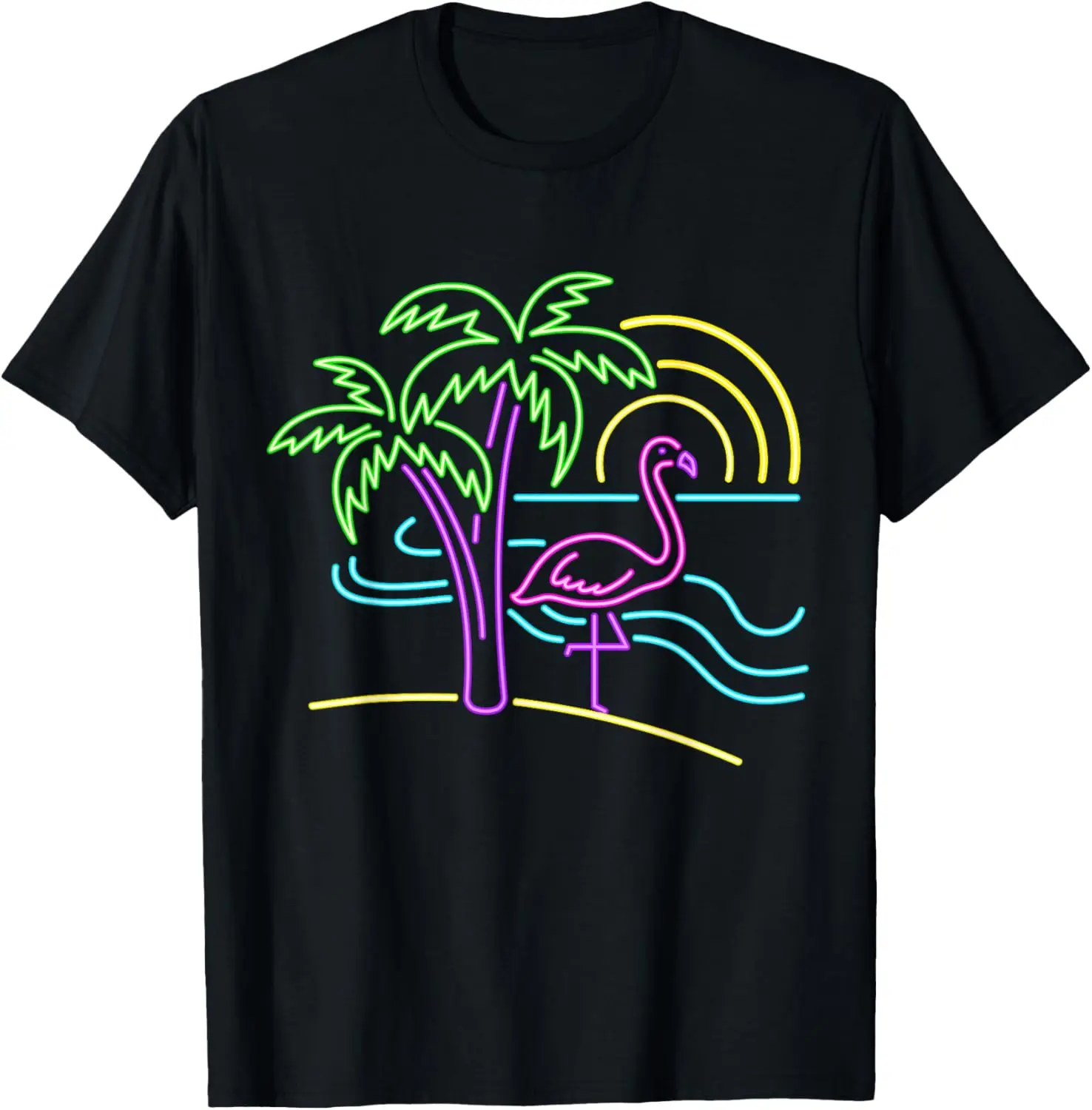 Neon Flamingo Palm Tree Beach Sunset Graphic Tee Retro Summer Vacation T-Shirt