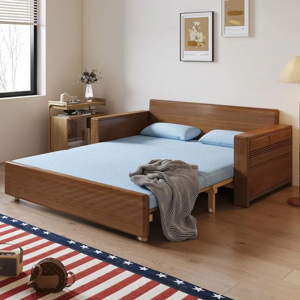 

71 Queen Size Convertible Sofa Sleeper with 3-in-1 Sectional, Reversible Chaise, Blue Cushions, Solid Wood Frame, Pull-Out Couch