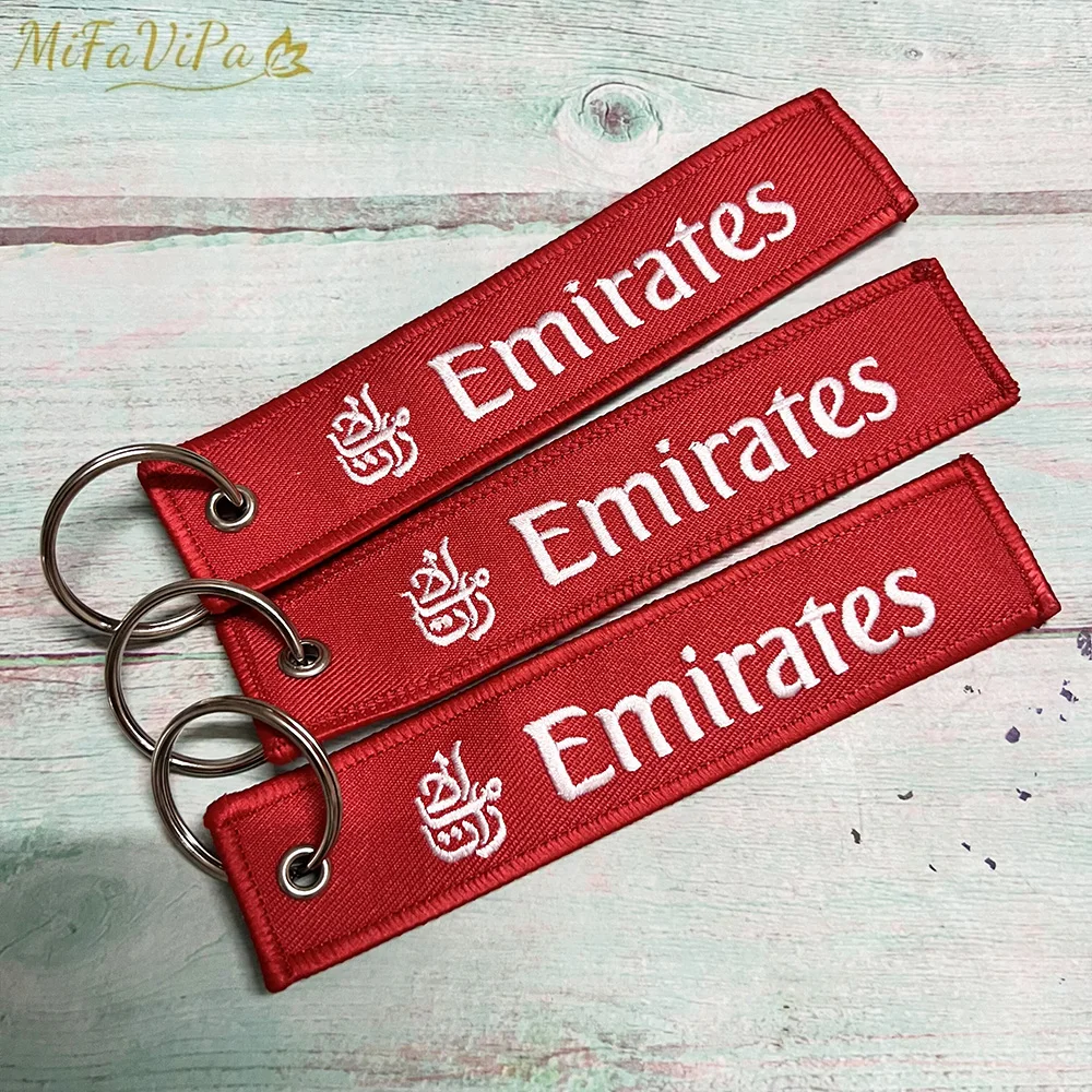 MiFaViPa 5 PCs Red Emirates Airlines Key Chain Embroidery Fashion Aviation Key Fob for Pilot Men Gift Flight Crew Luggage Tag