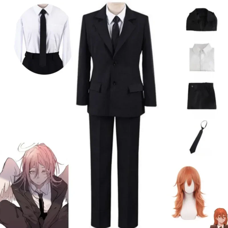 Anime Chainsaw Man Angel Devil Anime Cosplay Clothing Wig Black Devil Hunter Black Suit Shirt Pants Coat Halloween Party Uniform