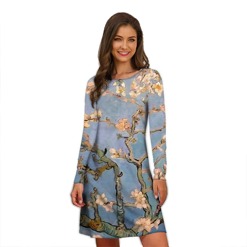 Robe de printemps pour femmes, imprimé Floral, manches longues, décontracté, col rond, vêtements amples, Mini, surdimensionnée, automne, 2023