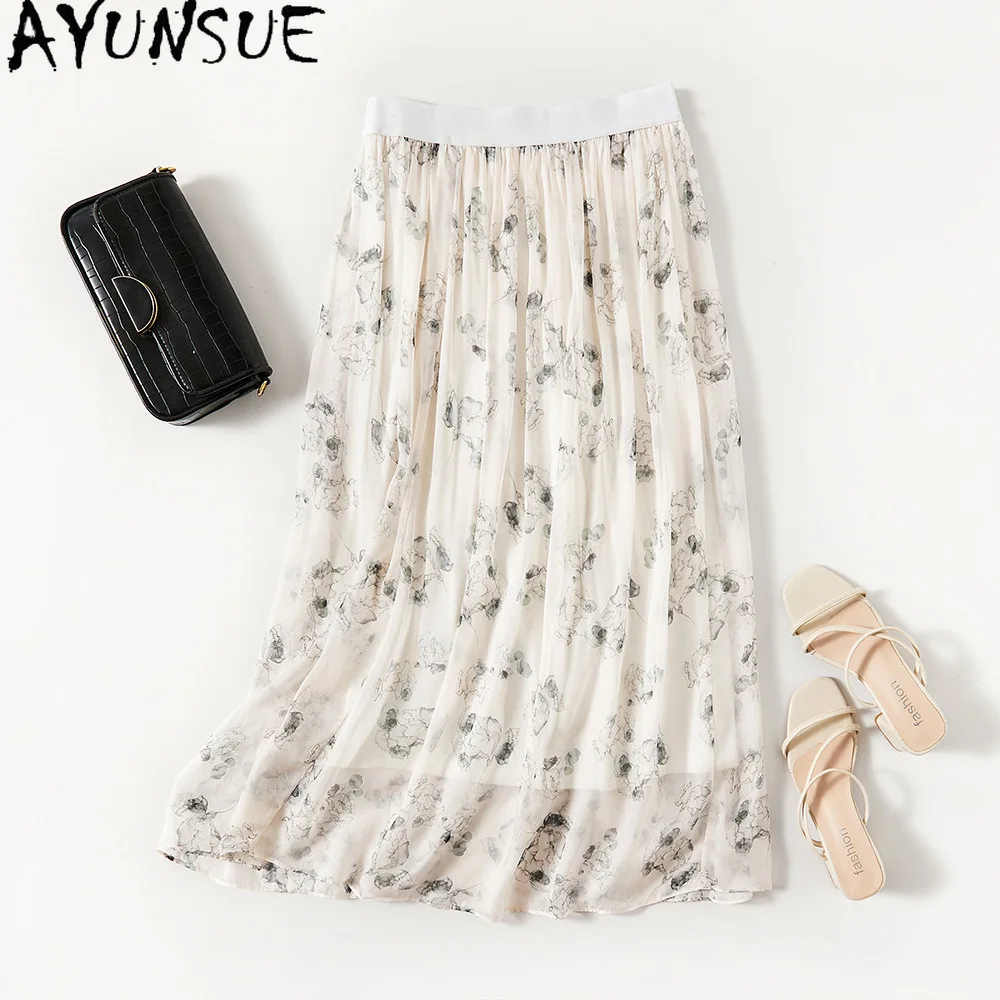 

AYUNSUE 100% Mulberry Silk Skirt Elastic Waist Floral Elegant Skirt Women Clothing High Waist Long Skirts for Women Jupe Femmes