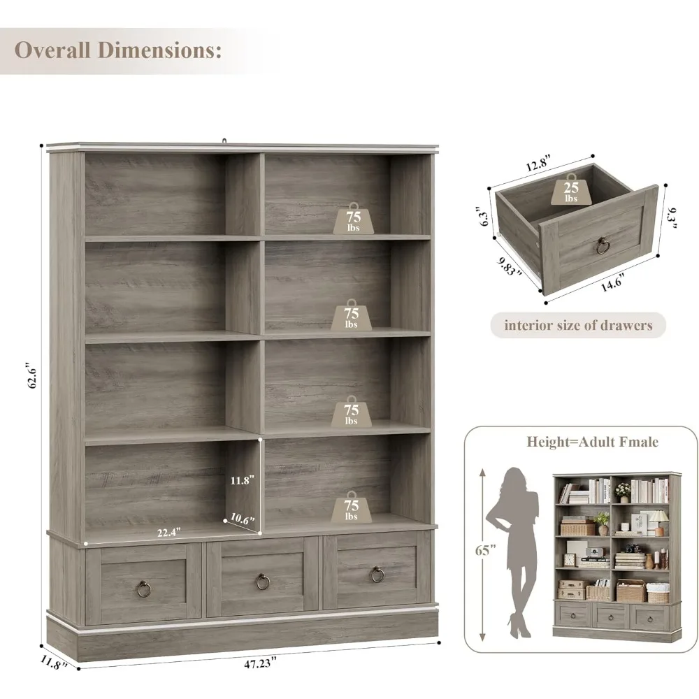 Estante larga de 47 polegadas com gavetas, estante de armazenamento de 5 camadas, grandes prateleiras de exibição, 63 polegadas