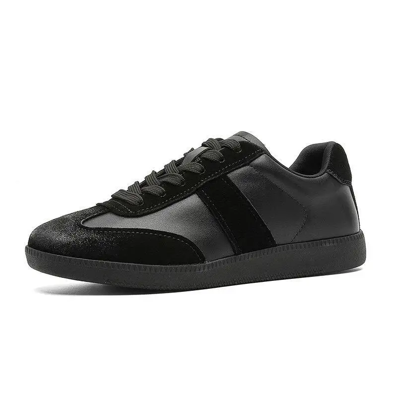 Men's Leather Mix Panel Trainer Sneakers Classic Low Top Flat Rubber Outsole Vintage All Black Footwear Daily Street Casual Shoe