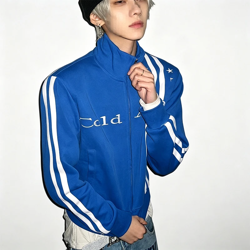 Retro Blue Striped Zipper Sports Jacket Men's Women's Letter Star Print Stand-Up Collar Casual Street Style
