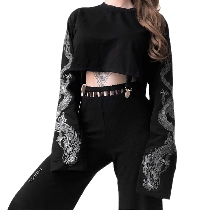 Women Wide Sleeve Crop Sweatshirt Dragon Top Loose Fit Casual Pullover Crop Top Long Sleeve Hoodie Woman Short Hip-hop Loose Top