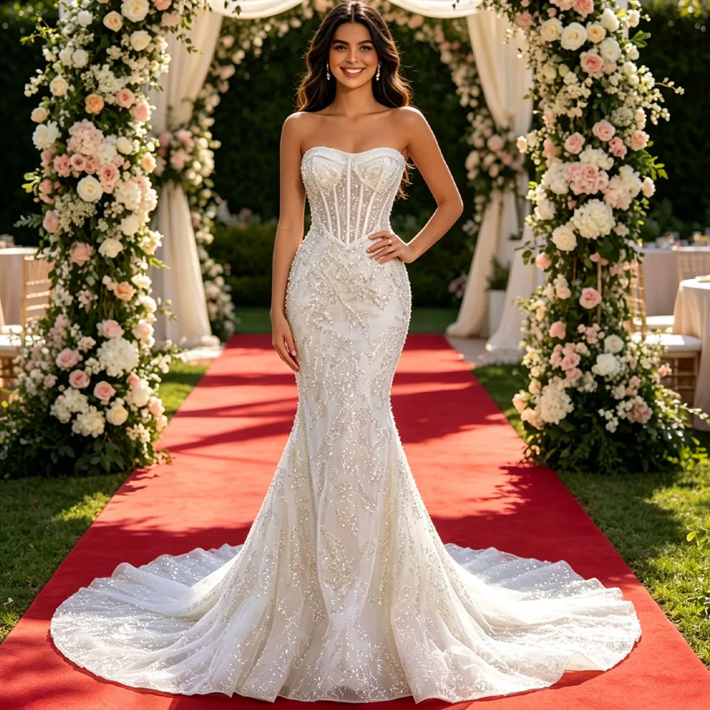 Mermaid Strapless Lace Up Back Wedding Dress Beading Sequined Sheath Fit Charming Bridal Dress
