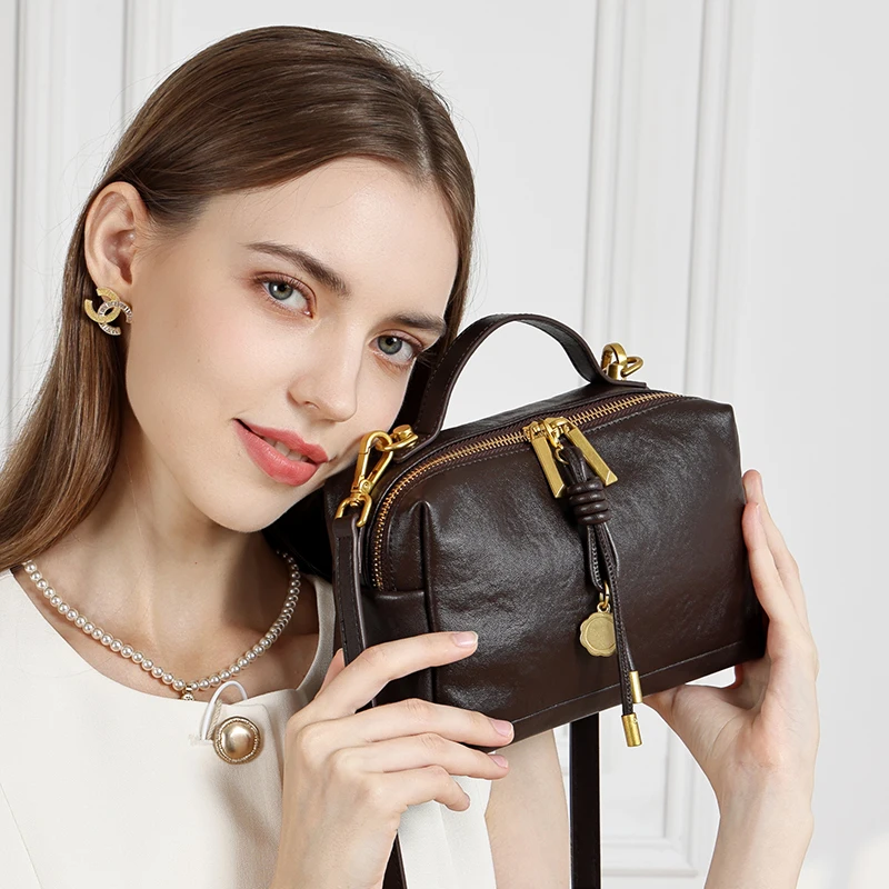 

BURMINSA Genuine Leather Mini Boston Bags Women Luxury Elegant Satchel Top Handle Purses Handbags Office Shoulder Crossbody Bags