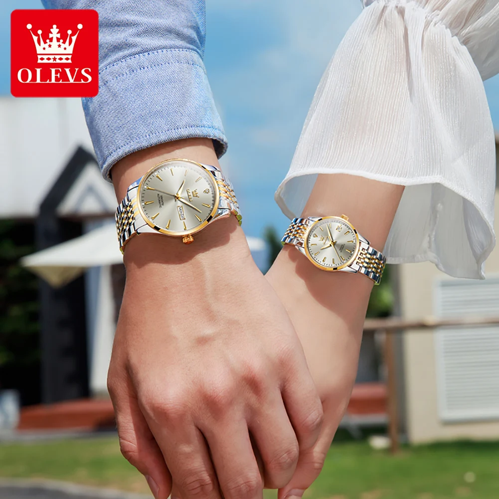 OLEVS Original Luxury Automatic Couple Watch Simplicity Calendar Stainless Steel Waterproof Mechanical Wrist Watch for Men Woman