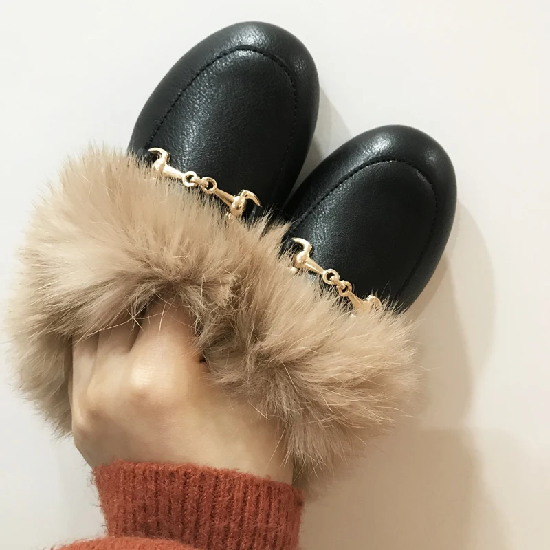 Winter Kids Fur Princess Shoes Baby Girls Brand Leather Slides Children Slip On Slippers Toddler Fashion Dress Flats Boys Shoes