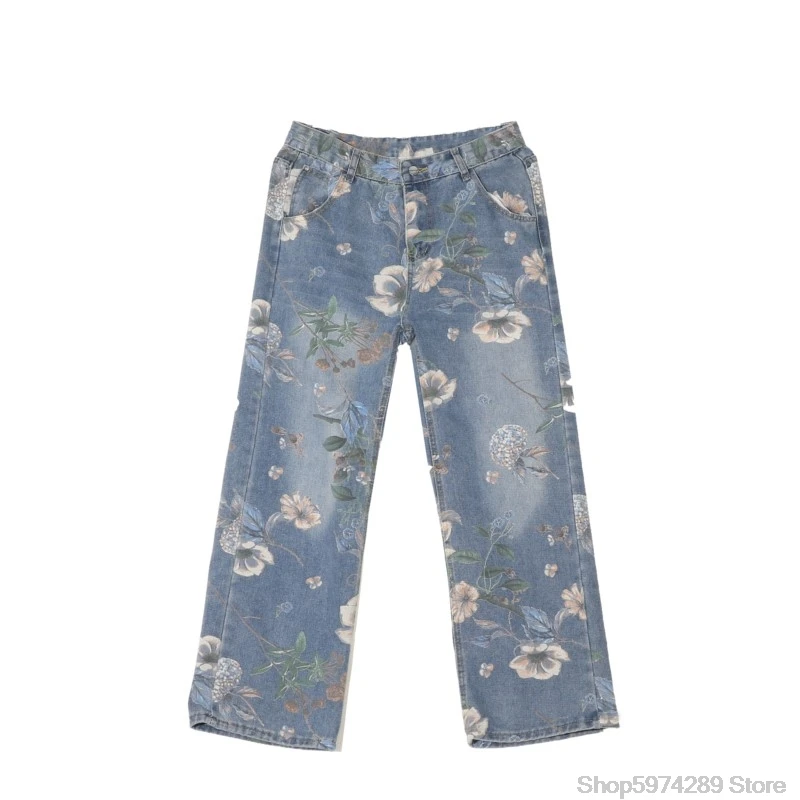 2024 Mens Fashion Floral Printed Jeans Korean Style Autumn Denim Pants High Street Loose Trousers Hip Hop Wide-leg Jean Pants