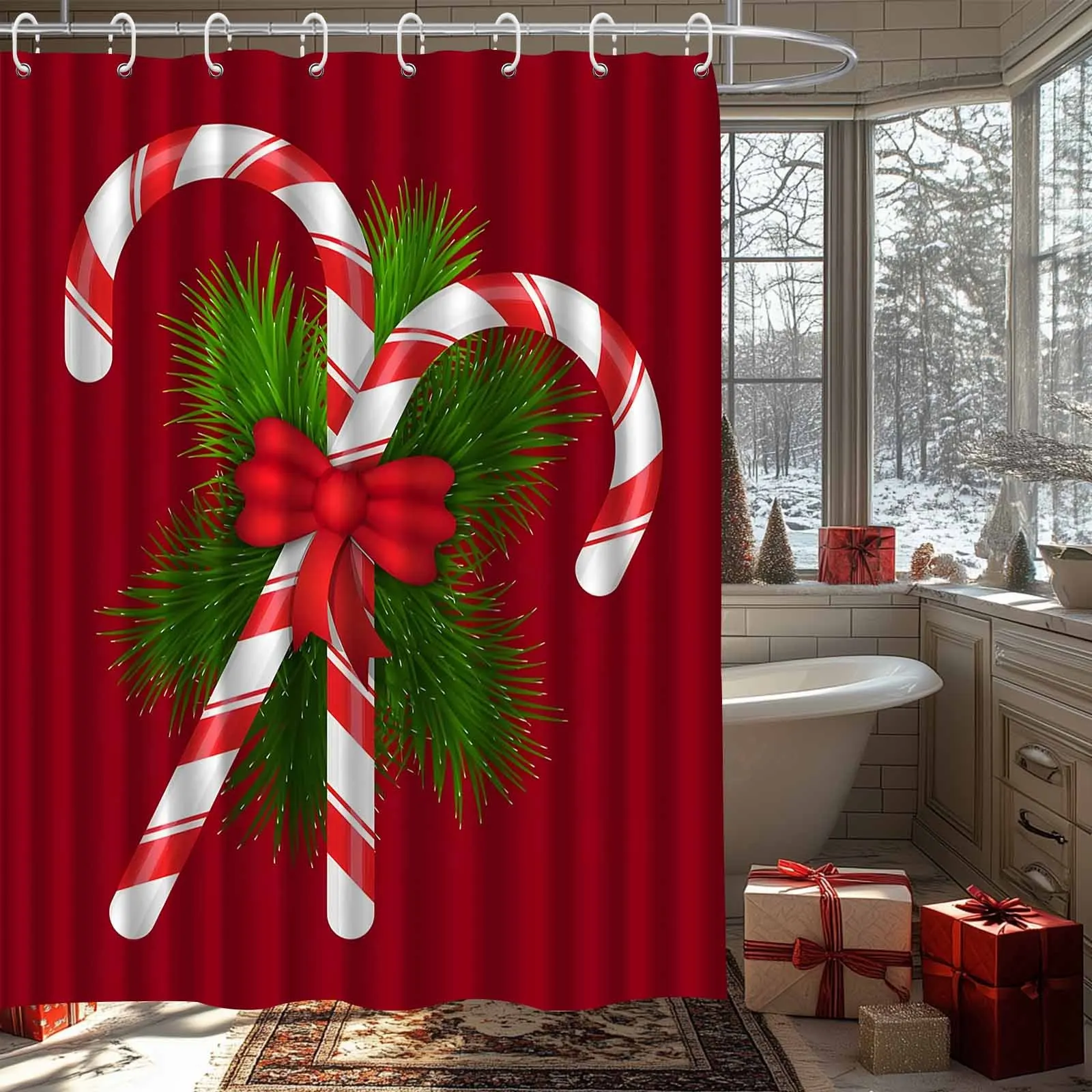 

Праздничная рождественская занавеска для душа с дизайном из конфетной трости и сосны, идеально подходящая для праздничного декора ванной комнаты, комплект из высококачественной ткани